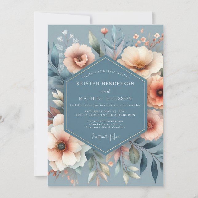 Slate & Coral Painted Bloom Wedding Inbjudningar (Framsida)