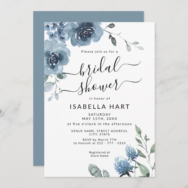 Slate Dusty Blue Blommigt Watercolor Möhippa Inbjudningar (Fram/baksida)