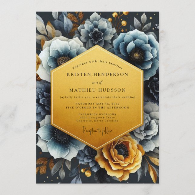 Slate Gold Moody Bloom Wedding Inbjudningar (Framsida)