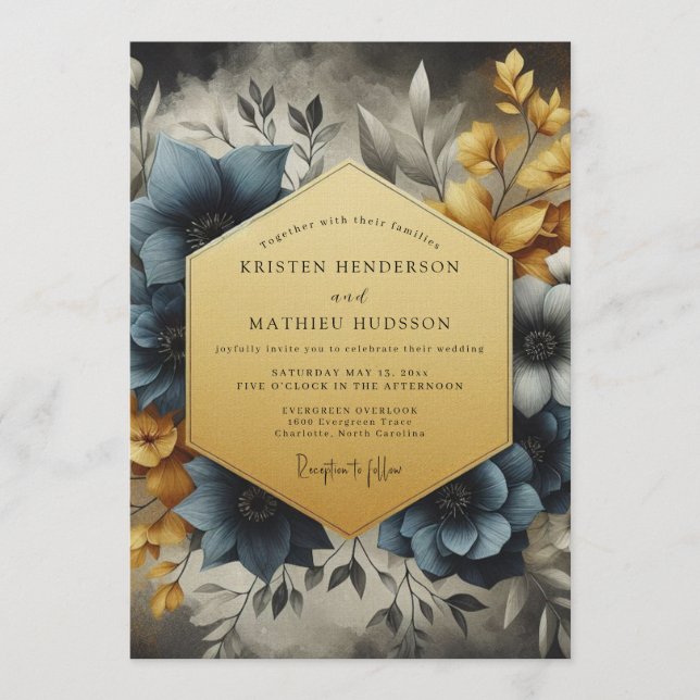 Slate & Gold Painterly Bloom Wedding Inbjudningar (Framsida)