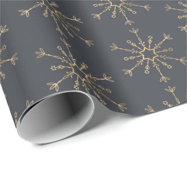 Slate Grått Charcol Guld Snowflake Presentpapper (Rullad Hörn)