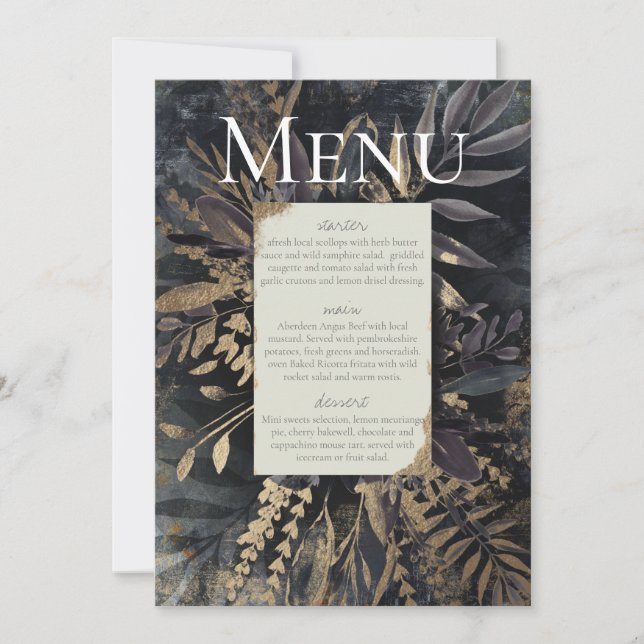 Slate grått gilded menu foliage bouquet inbjudningar (Framsida)