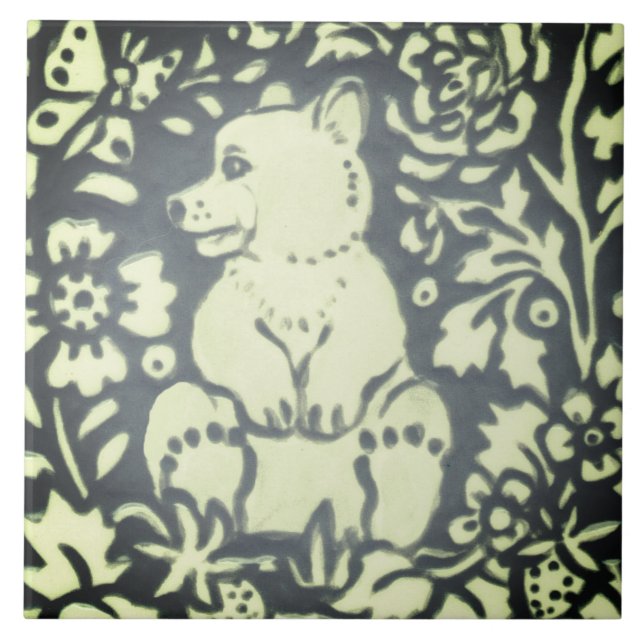 Slate Grått Grönt Bear Unge Blommigt Woodland Nata Kakelplatta (Framsidan)
