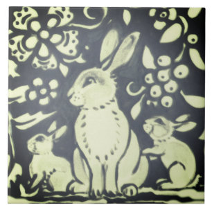 Slate Grått Grönt Rabbit Blommigt Woodland Natat Kakelplatta