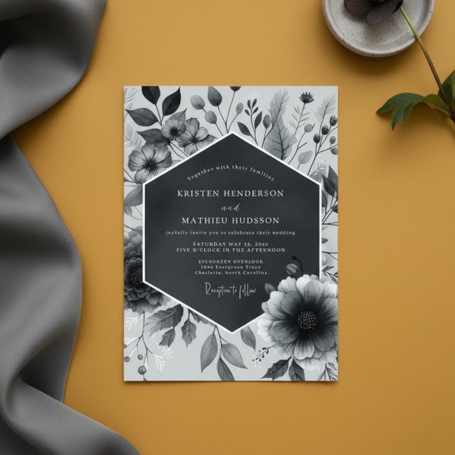 Slate Gray Botanical Bloom Wedding Inbjudningar (Skapare uppladdad)