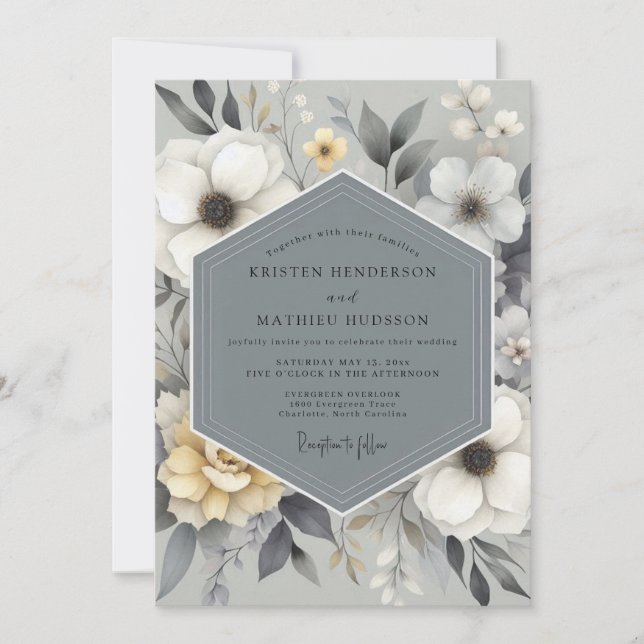 Slate Gray Floral Bloom Wedding Inbjudningar (Framsida)