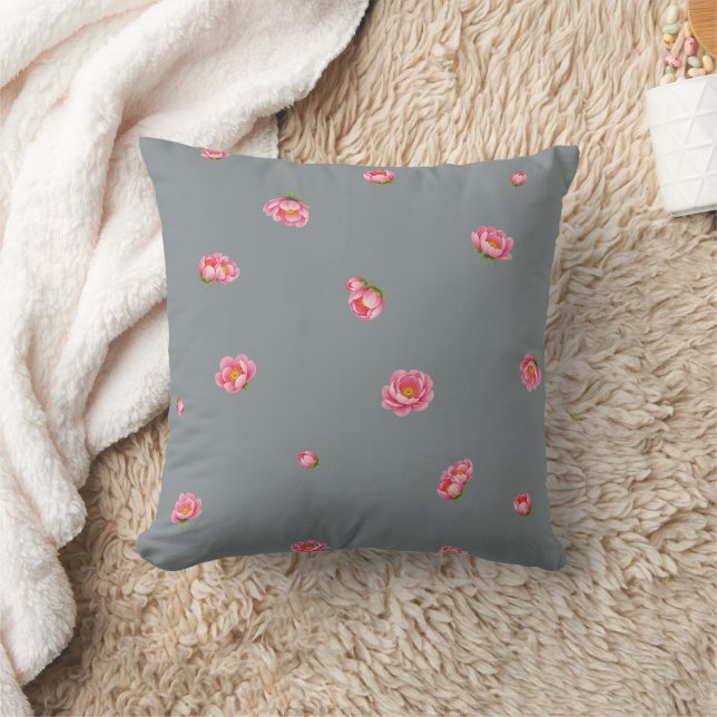Slate Gray Japanese Winter Peony Floral Pattern Kudde (Filt)