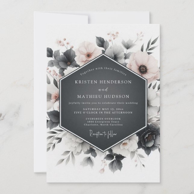 Slate Grey Floral Elegance Wedding Inbjudningar (Framsida)
