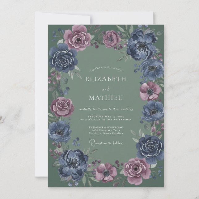 Slate Indigo Mauve Petal Bröllop Inbjudningar (Framsida)