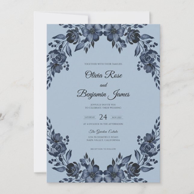 Slate Navy Bloom Bröllop Inbjudningar (Framsida)