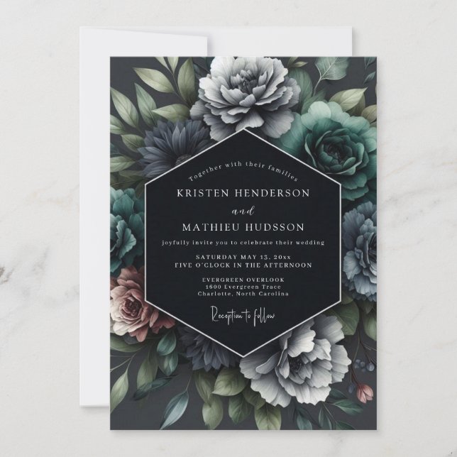 Slate Opulent Flora Bröllop Inbjudningar (Framsida)