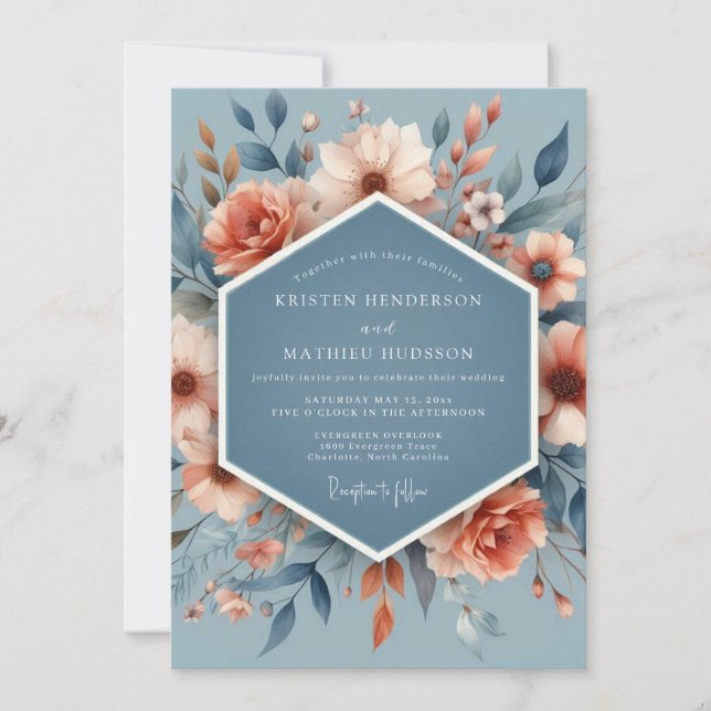 Slate Peach Poetic Flora Wedding Inbjudningar (Framsida)