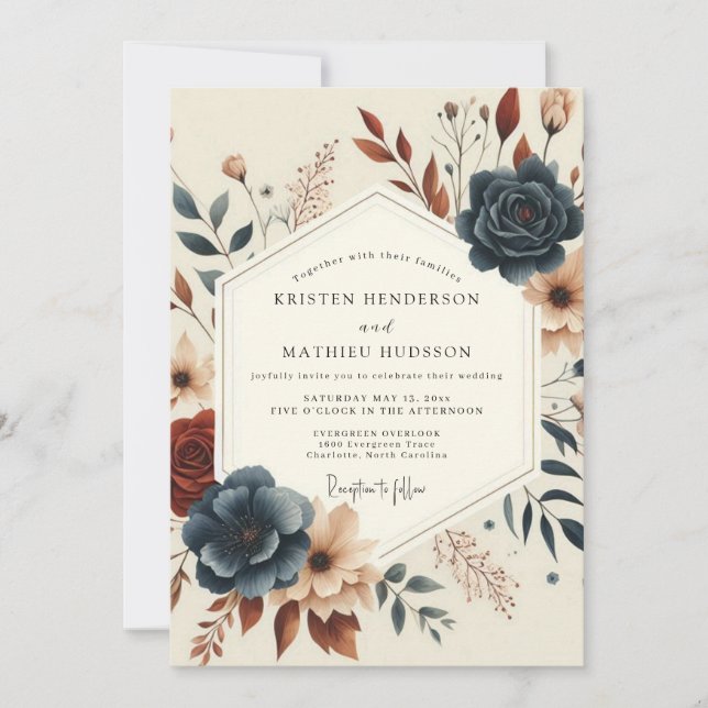 Slate Russet Artful Bloom Bröllop Inbjudningar (Framsida)