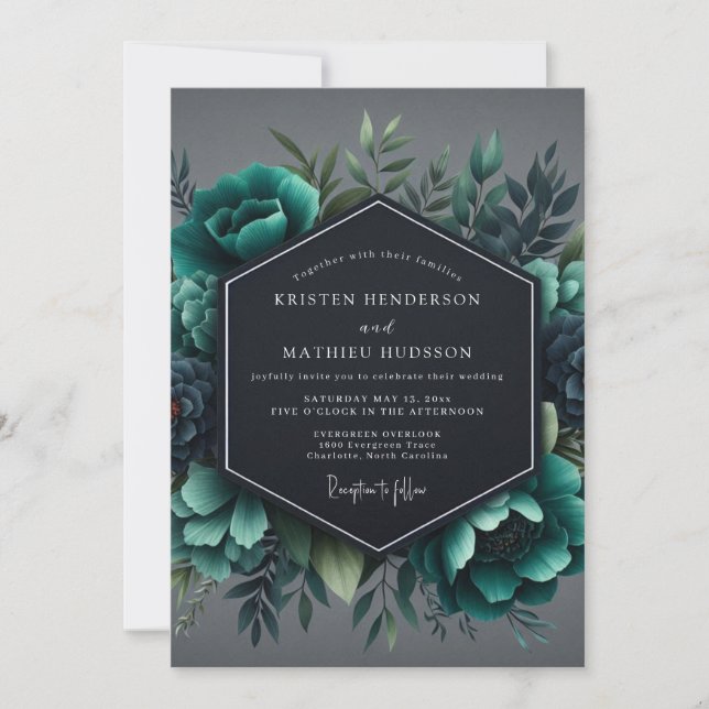 Slate Teal Moody Flora Wedding Inbjudningar (Framsida)