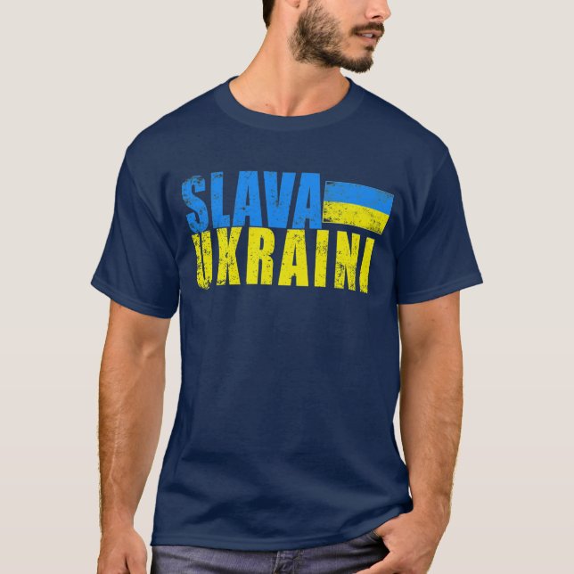 SLAVA UKRAINI med ukrainsk Flagga Distress T Shirt (Framsida)