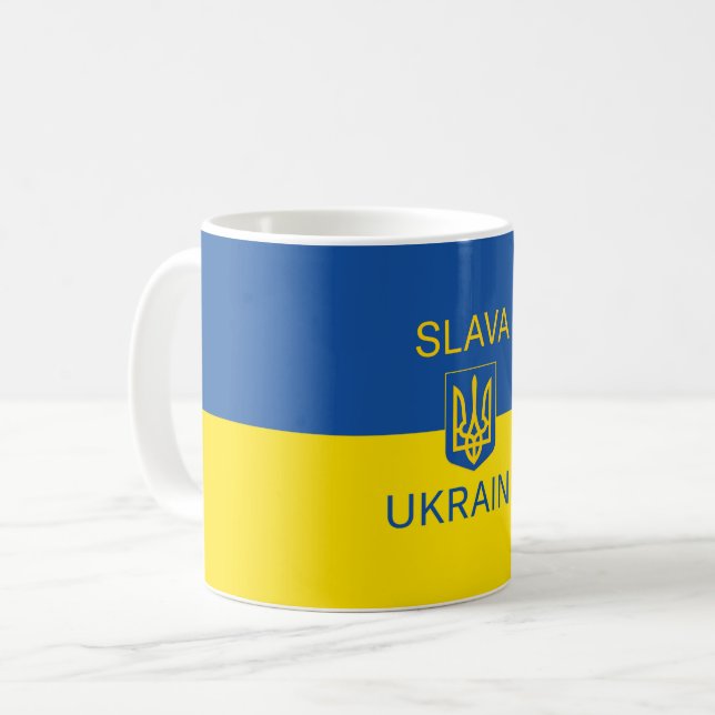 Slava Ukrainini glory Ukraina krig fredssymbol pat Kaffemugg (Framsida vänster)