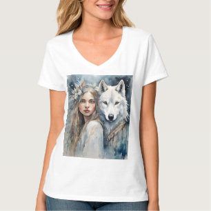 Slavic-flicka och vit Varg T Shirt