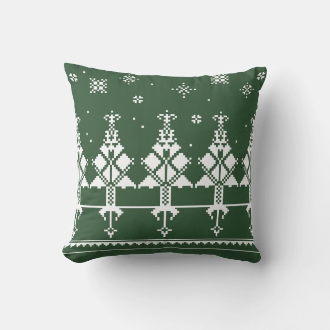 Slavic Folk Art | Vinterskogens Grönt och vit Kudde (Framsida)