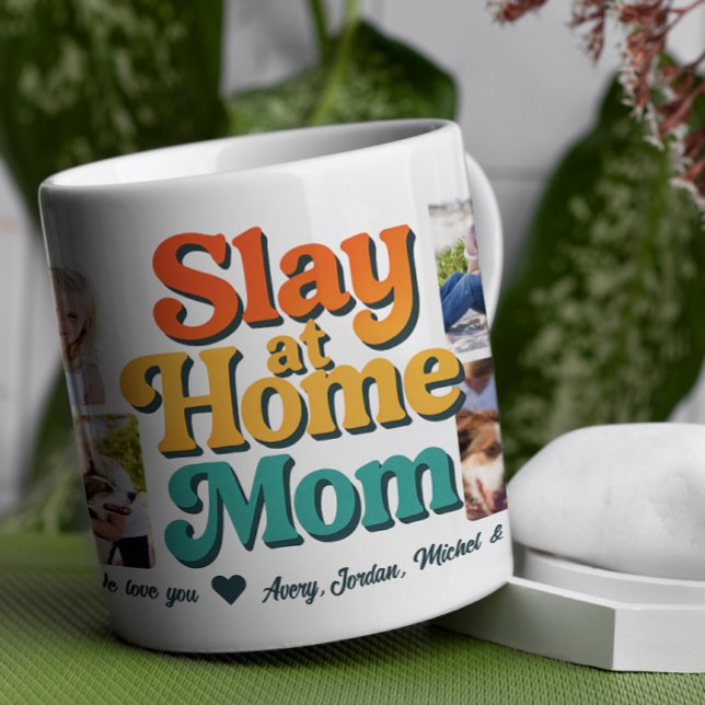 Slay at Home Mamma Personlig 8 Photo Collage Kaffemugg (Celebrate mom's one-of-a-kind style with this playful and heartfelt design! )
