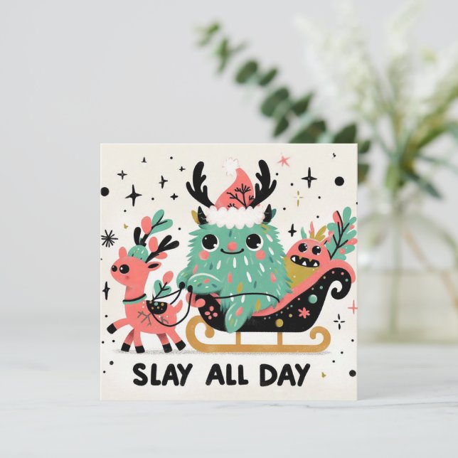 Slay hela dagen Santa sleigh Julkort (Stående Fram)