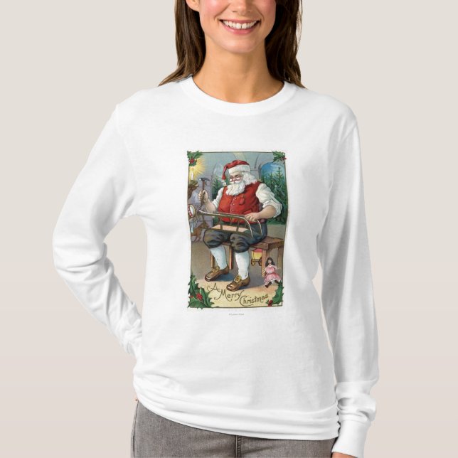 Sled för julGreetingSanta byggnad Tee Shirt (Framsida)