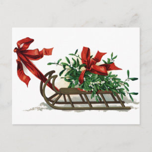 Sled med Mistletoe Tied i Red Ribbon Vykort