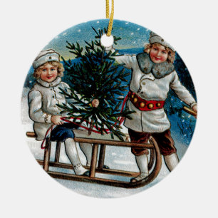 Sledding för barn julgransprydnad keramik