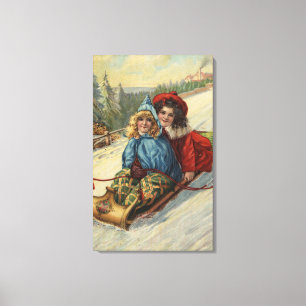 Sledding för ChristmasTwo liten flicka Canvastryck