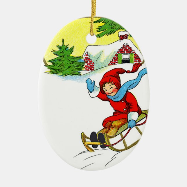 Sledding för jul julgransprydnad keramik (Framsidan)