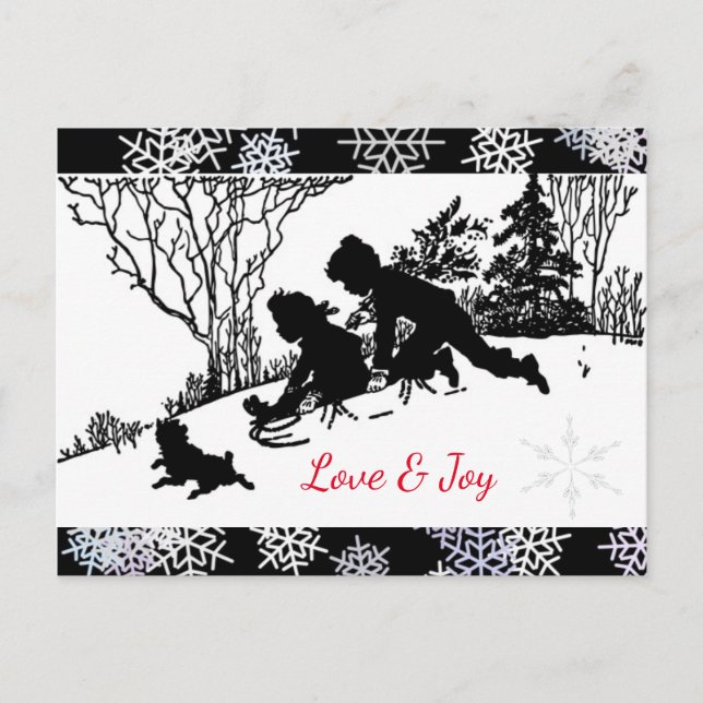 Sledding Silhouette/ Snowflake Vykort (Framsida)