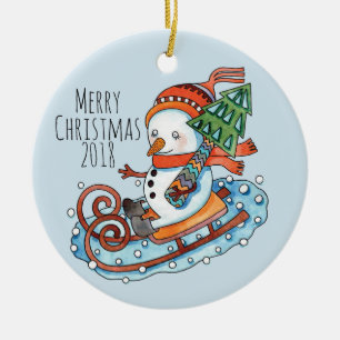 Sleding Snögubbe Circle Ornament