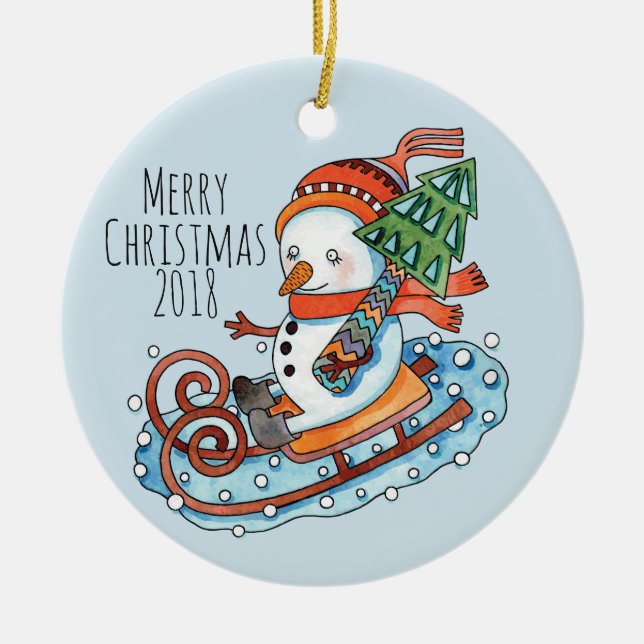 Sleding Snögubbe Circle Ornament (Framsidan)