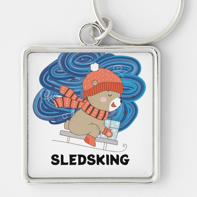 Sledsking anpassningsbar fyrkantig silverfärgad nyckelring (Framsidan)