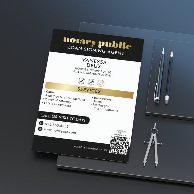 Sleek Black and Guld Notary QR Code Professionell Reklamblad (Skapare uppladdad)