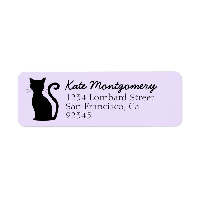 Sleek Black Cat Silhouette Lila Returadress Returadress Etikett (Framsidan)