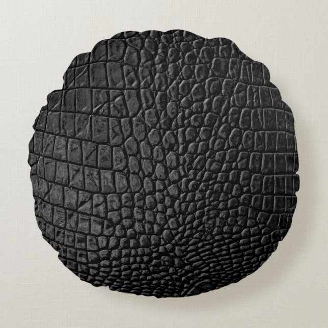 Sleek Black: Leather Struktur Elegance Rund Kudde (Framsidan)