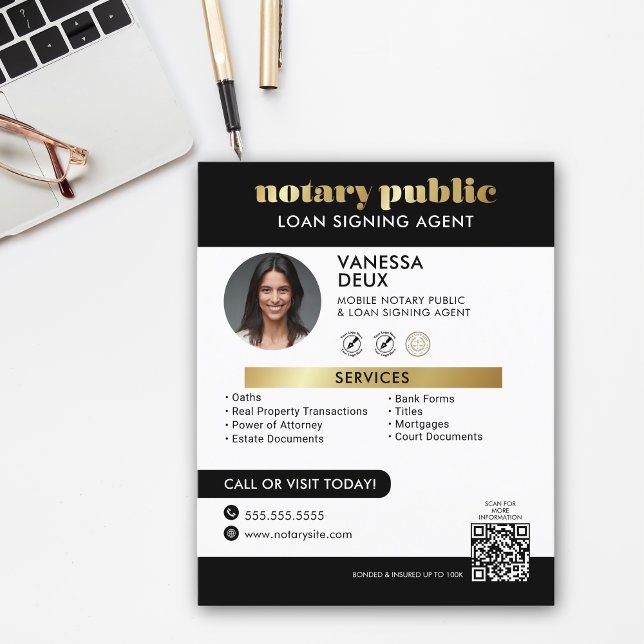 Sleek Black och Guld Notary QR-kodfoto Flygblad (Skapare uppladdad)