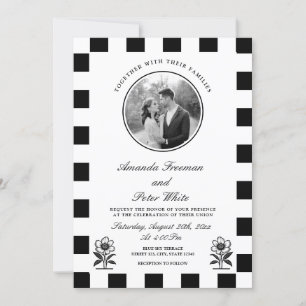 Sleek Black & White Photo Checkerboard Bröllop Inbjudningar