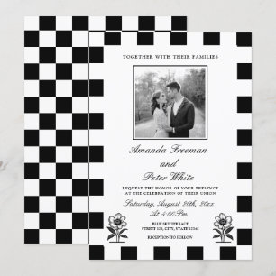 Sleek Black & White Photo Checkerboard Bröllop Inbjudningar