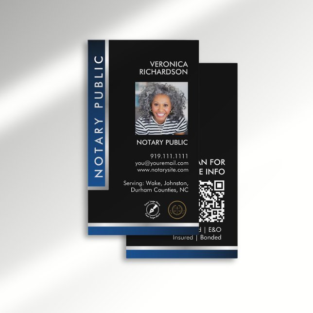 Sleek Blue Silver Notary Logotyp Photo QR Code Bla Visitkort (Skapare uppladdad)