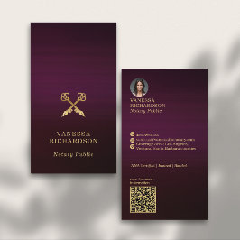 Sleek Burgundy Guld Crossed Pen QR Code Notary Visitkort
