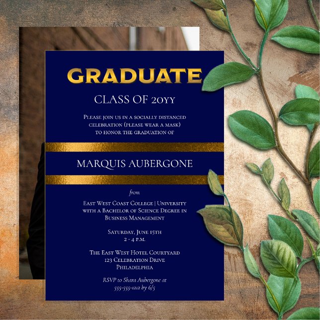 Sleek College | Univ Blue | GULD STUDENTFEST Inbjudningar (Sleek College or University Blue | Gold Tone Graduation Announcement and Party Invite Print Digital)