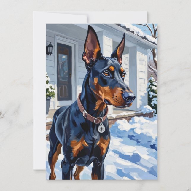 Sleek Doberman Pinscher Modern Vintersnöflinga Julkort (Framsida)