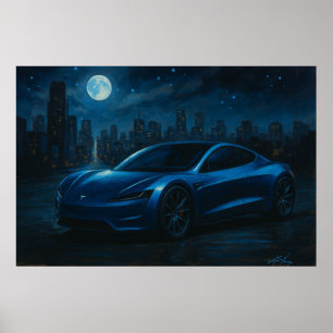 Sleek Elbil Under Fullmåne Poster