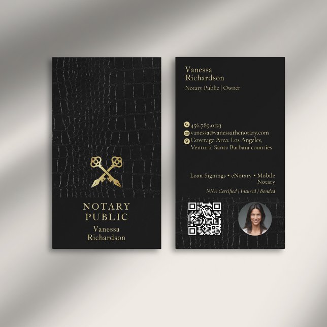 Sleek Glossy Black Crokodile Guld Notary Icon QR Visitkort (Skapare uppladdad)