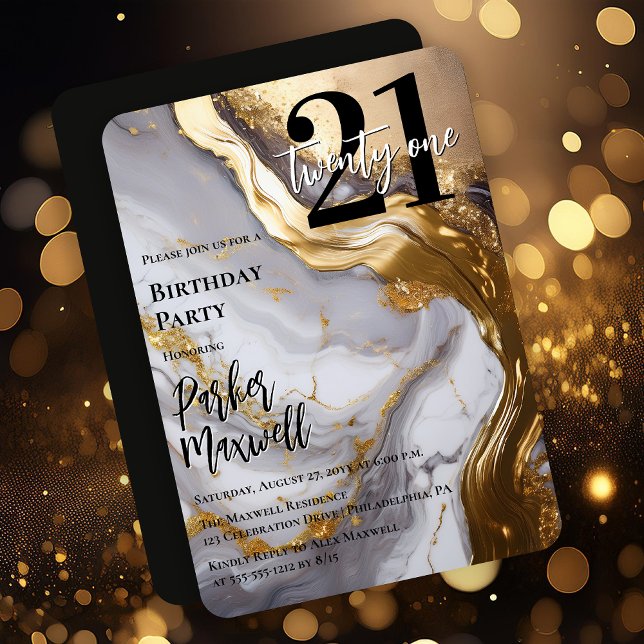 Sleek Guld | Vit marmor, modern 21-Födelsedagsfest Inbjudningar (Sleek Faux Gold and White Marble Modern "21" 21st Birthday Party Invitation - Print | Digital )