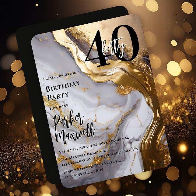 Sleek Guld | Vit marmor Modern 40 Födelsedagsfeste Inbjudningar (Sleek Faux Gold and White Marble Modern "40" 40th Birthday Party Invitation - Print | Digital )