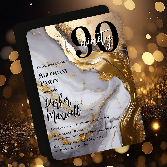 Sleek Guld | Vit marmor, modern 90-Födelsedagsfest Inbjudningar (Sleek Faux Gold and White Marble Modern "90" 90th Birthday Party Invitation - Print | Digital )