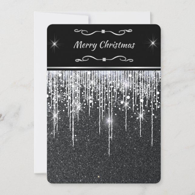 Sleek Minimalist Black Silver Sparkle Christmas Julkort (Framsida)