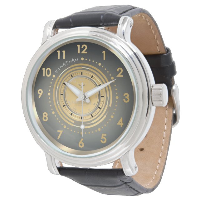 Sleek Modern Guld & Silver Mörkt Läder Anpassad Armbandsur (Vinklad)